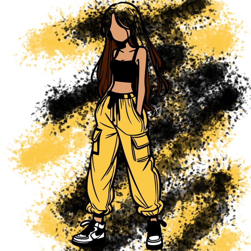 girl in baggy pants crop top and long hair