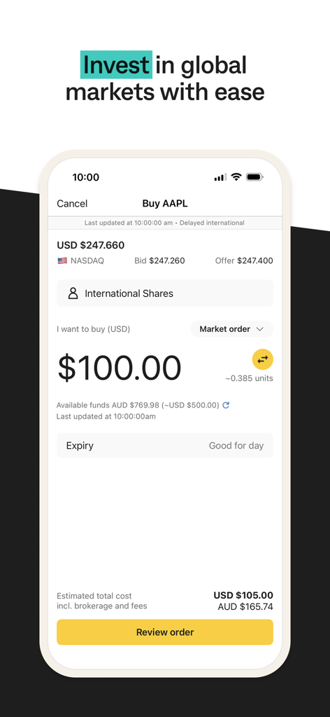 CommSec mobile app interface showing a market order to buy US Apple stock on the NASDAQ exchange