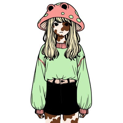 a realistic girl with a frog hat and baggy mushroom shirt
