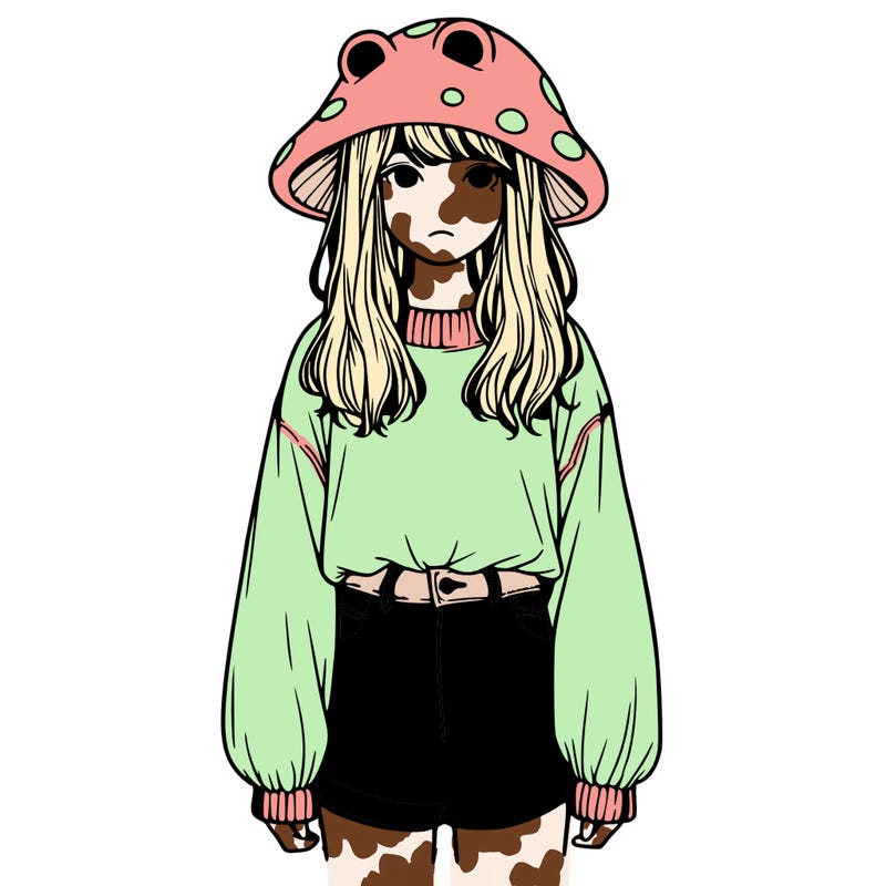 a realistic girl with a frog hat and baggy mushroom shirt