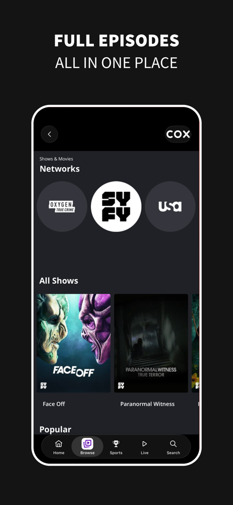 SYFY app interface showing various networks like Oxygen and USA and featured shows including Face Off and Paranormal Witness.