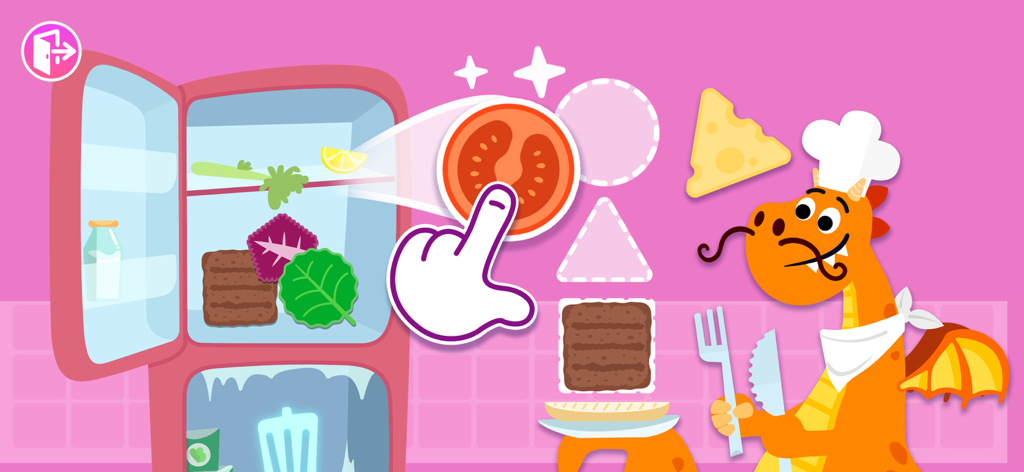 Fun Cooking games for Kids - Un niño jugando un minijuego de preparación de sándwiches para aprender formas con un chef dragón