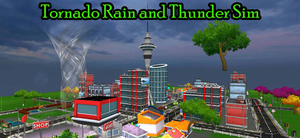 Tornado Rain and Thunder Sim - Jogabilidade de simulação de tornado na cidade mostrando uma tempestade atingindo uma cidade com árvores e prédios flutuantes