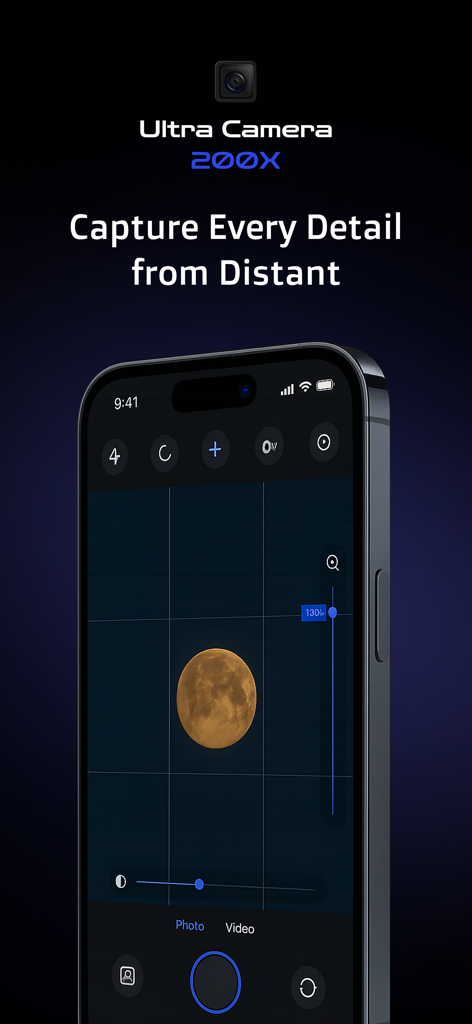 Ultra Camera 200x - Super Zoom - Interface of the Ultra Camera 200x app showing a 130x zoom capture of the moon on an iPhone.