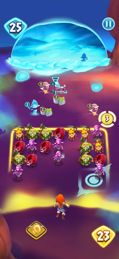 Gameplay screenshot of Legend of Solgard showing Embla leading a tactical army of fantasy creatures in a turn-based battle