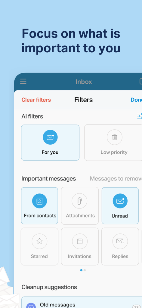 Chuck email app interface displaying AI filters and message categories to organize and focus on important emails.
