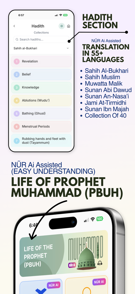 Quran Majeed NUR AI & Tafsir - Mobile app screens displaying authentic Hadith collections and the life of Prophet Muhammad with AI assistance