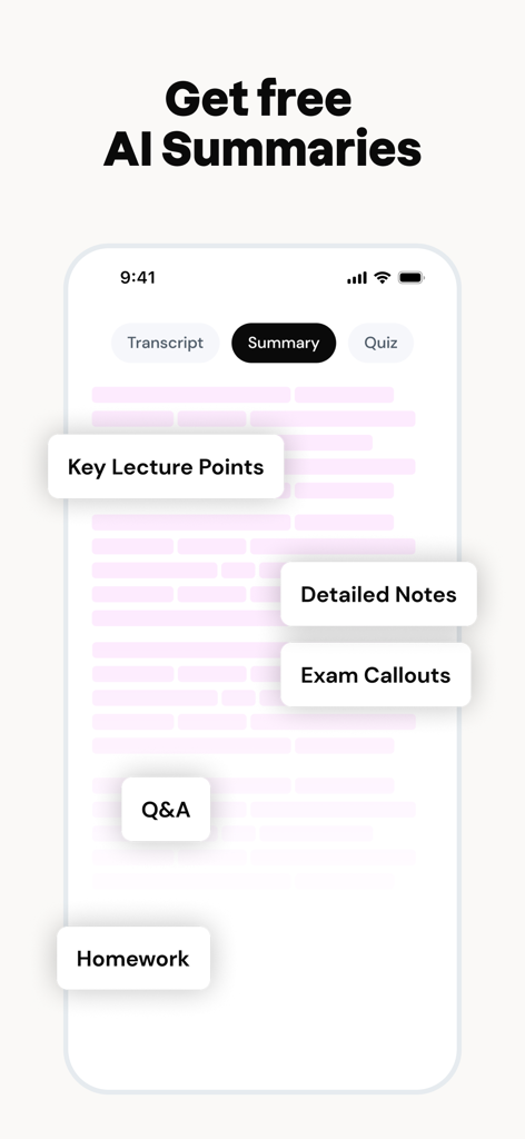 Studocu: AI Notes & Summaries - Interfaz de la aplicación Studocu mostrando resúmenes generados por IA con puntos clave de la clase y notas de estudio detalladas
