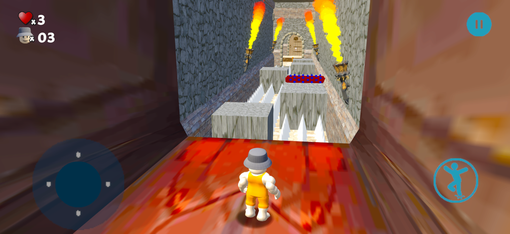 Parkour Escape Prison Breakout - A character in a yellow jumpsuit facing a prison parkour obstacle course with spikes and fire torches.