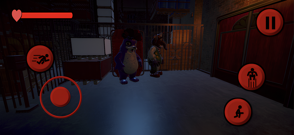 Fnaf Secret of the Mimic Mod - Gameplay screenshot of Fnaf Secret of the Mimic Mod featuring on-screen controls and animatronic characters in a dark workshop.