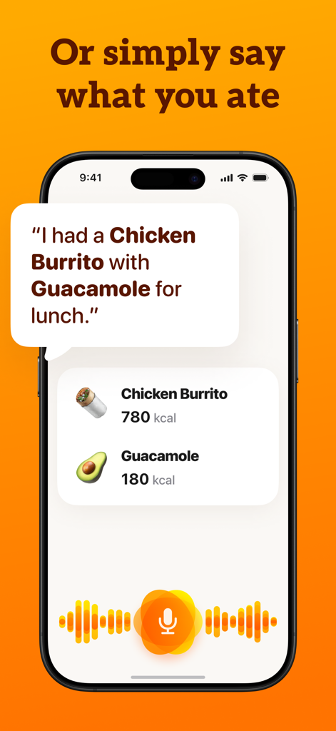 CalApp interface showing voice-activated meal logging for a chicken burrito and guacamole
