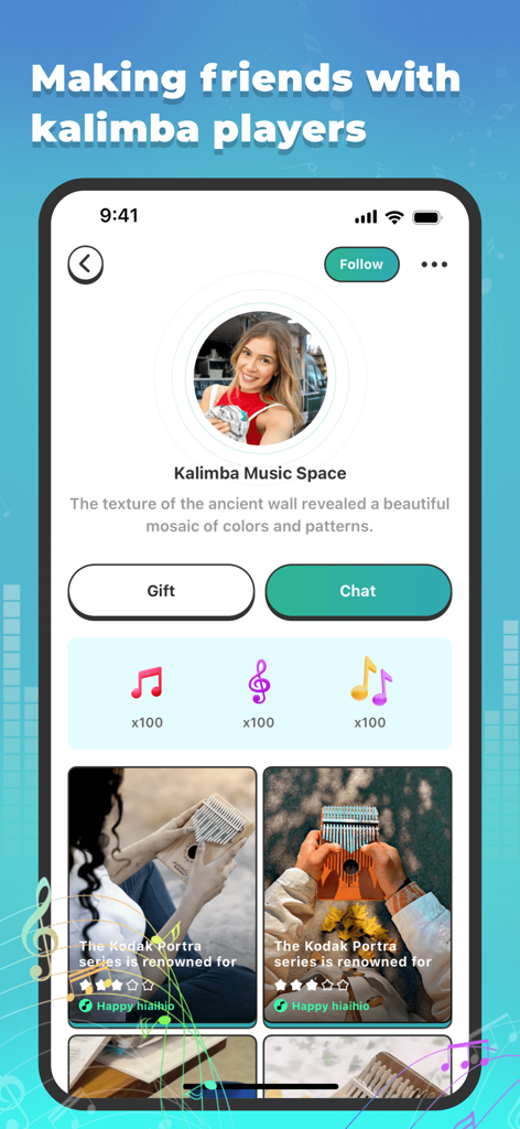 A screenshot of the Kalimba app showing a user profile with follow and chat buttons for making friends with other players