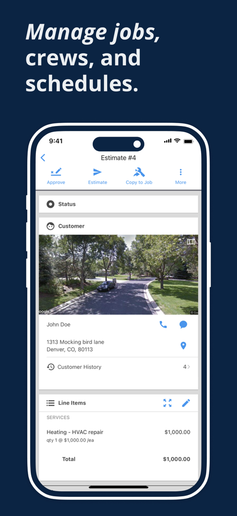 Housecall Pro: Field Service - Housecall Pro app displaying an HVAC repair job estimate with customer details and address