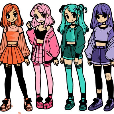 one girl with crop-top shirt and a jacket with a skirt, long socks and another girl with a shirt and pants with a jacket