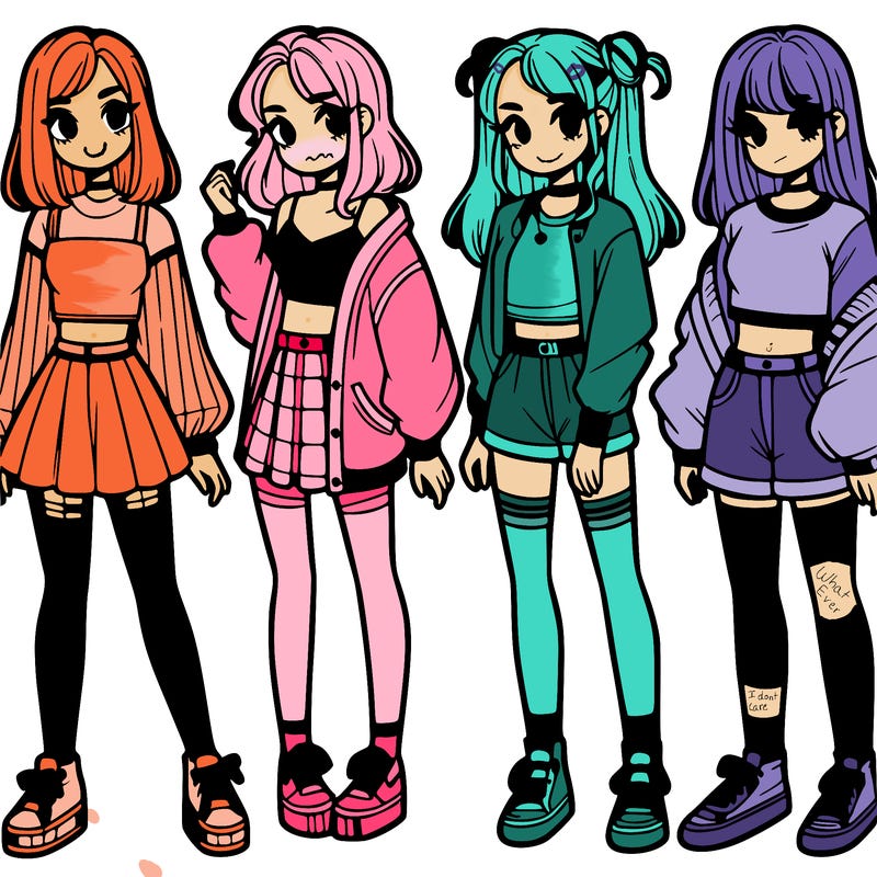 one girl with crop-top shirt and a jacket with a skirt, long socks and another girl with a shirt and pants with a jacket