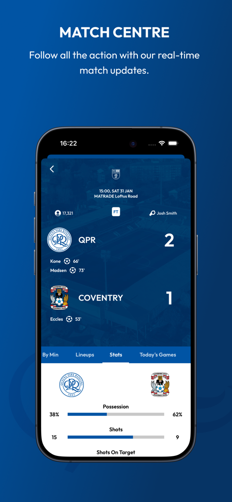 QPR FCモバイルアプリの試合センターのスクリーンショットで、コベントリーとの試合のライブスコアとゲーム統計が表示されています