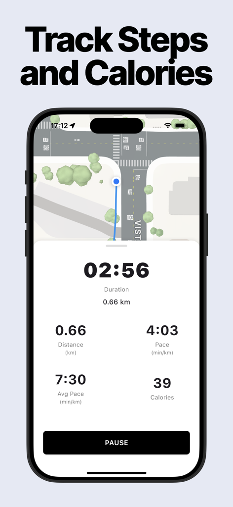 Interface of Walk Tracker app showing GPS route mapping and activity stats like calories and distance.