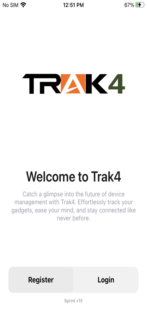 Schermata di benvenuto di Trak4 con pulsanti di registrazione e accesso