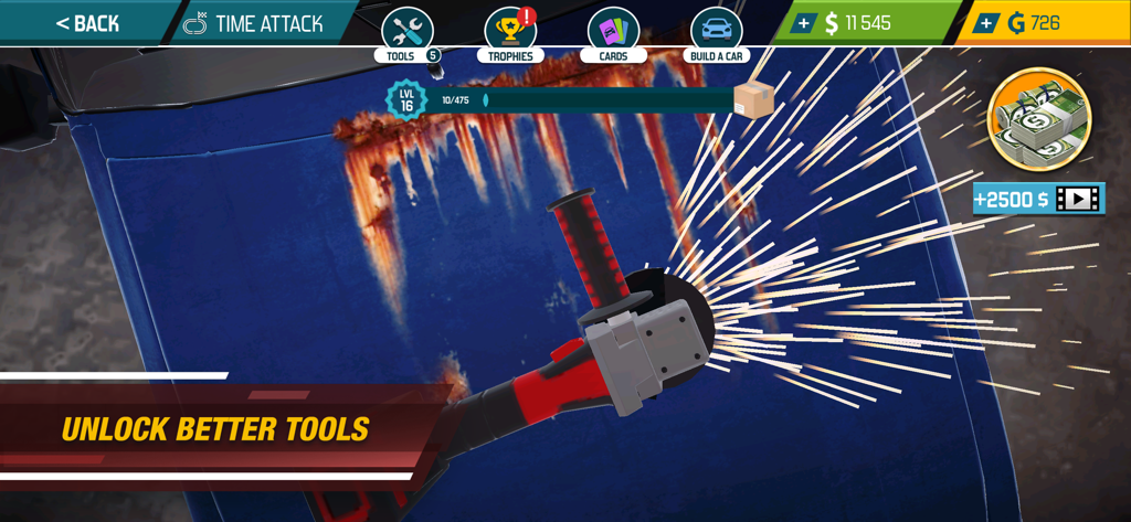 Using an angle grinder to remove rust from a blue car body in Car Mechanic Simulator 21