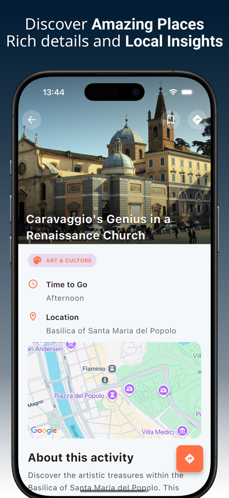 GoPlan - AI Travel Planner - GoPlan AI Travel Planner activity details page showing Caravaggio Renaissance Church tour with interactive map