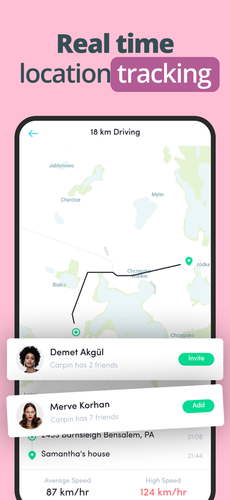 Family Friend Locator: Carpin - Carpin app interface showing real time location tracking on a map with driving speed statistics