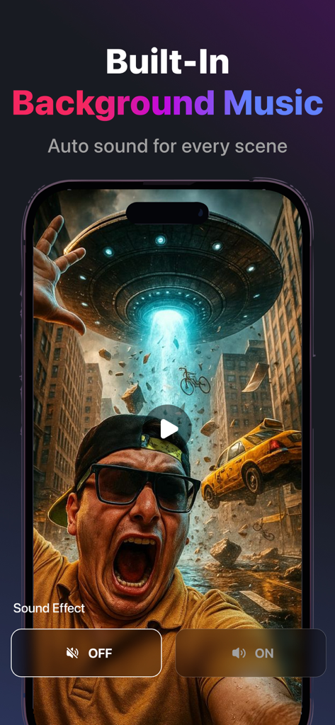 Filmit AI: AI Video Generator - Filmit AI app screenshot highlighting the auto sound and background music feature for AI generated scenes