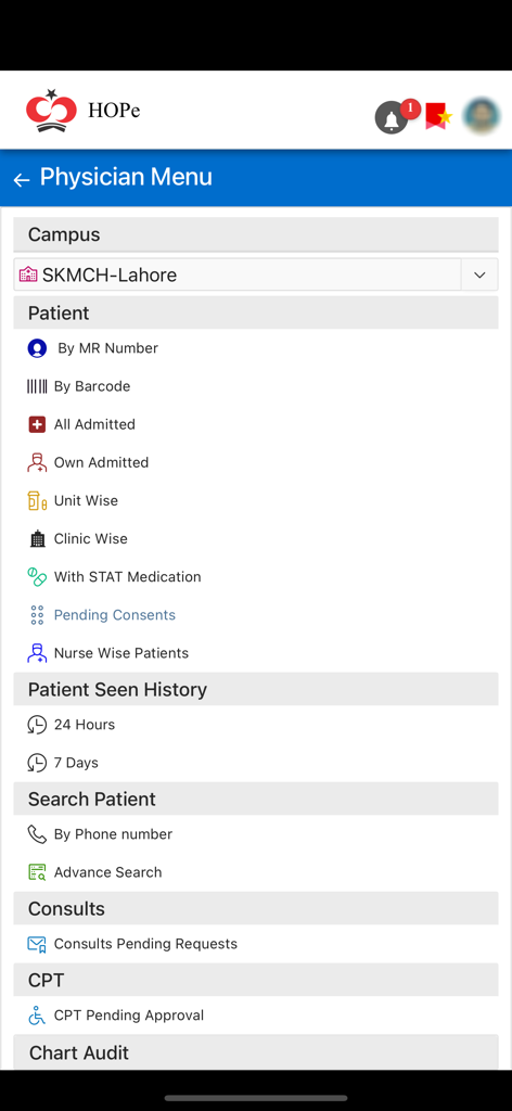 Shaukat Khanum App - Physician menu screen in the Shaukat Khanum app showing patient search and medical reports