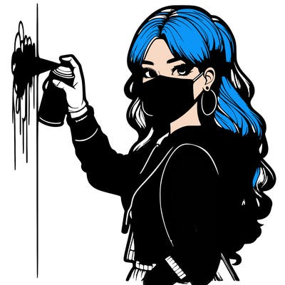 realistic girl with mask spray painting a wall