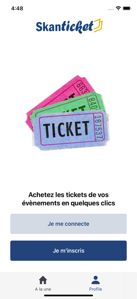 SkanTicket mobile app welcome screen with colorful tickets and login buttons in French