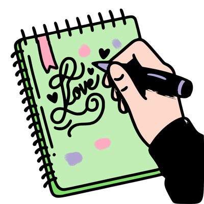 a hand writing “love” in calligraphy on a notebook