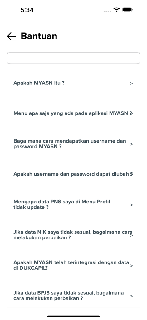 MyASN BKN - Help screen of the MyASN BKN app featuring a list of frequently asked questions in Indonesian.