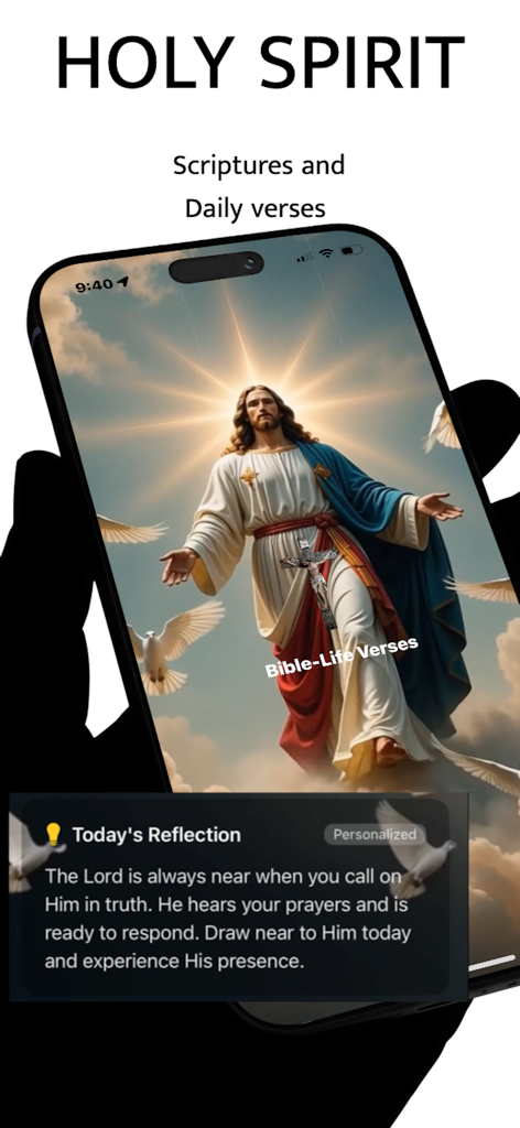 Holy Bible .. - Bildschirm der Holy Bible App mit einer Benachrichtigung über tägliche spirituelle Reflexionen und einer Darstellung von Jesus Christus.
