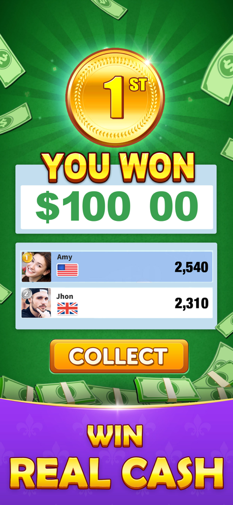 21 Solitaire: Cash Card Game - A victory screen in 21 Solitaire showing a one hundred dollar cash prize and a first place ranking on the leaderboard