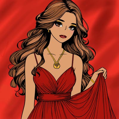 realistic girl in flowy silky prom dress