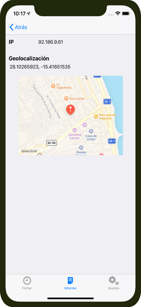 Reloj Laboral, control horario - Interfaz de la aplicación Reloj Laboral que muestra coordenadas GPS y un mapa de ubicación del empleado para el seguimiento de la fuerza laboral