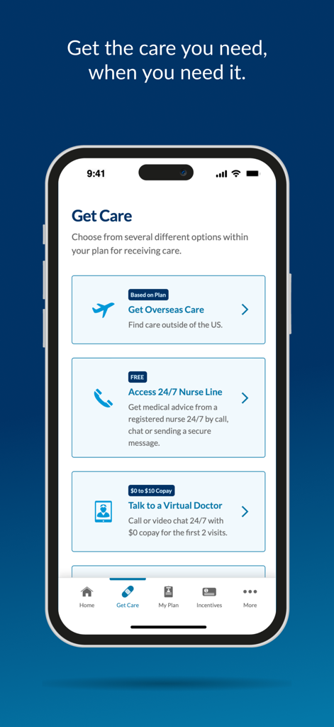 Interface of the fepblue app showing healthcare options including overseas care, a 24/7 nurse line, and virtual doctor visits.