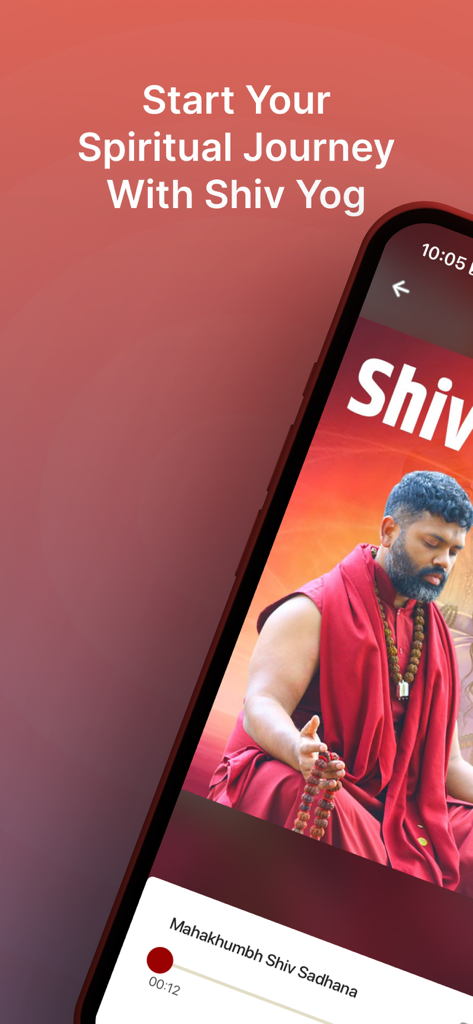 A smartphone screen displaying a guided meditation session titled Mahakhumbh Shiv Sadhana on the Shiv Yog app