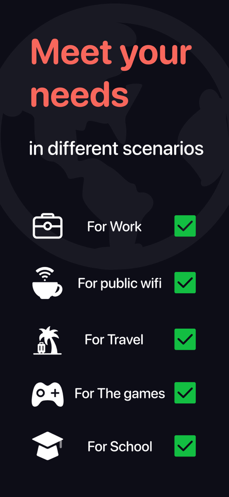 Super VPN Proxy - SuperVPN - List of VPN scenarios including work, public wifi, travel, gaming, and school with checkmarks