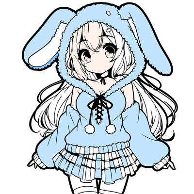 pretty anime girl wearing a fluffy hoodie with bunny ears on the hood and a skirt