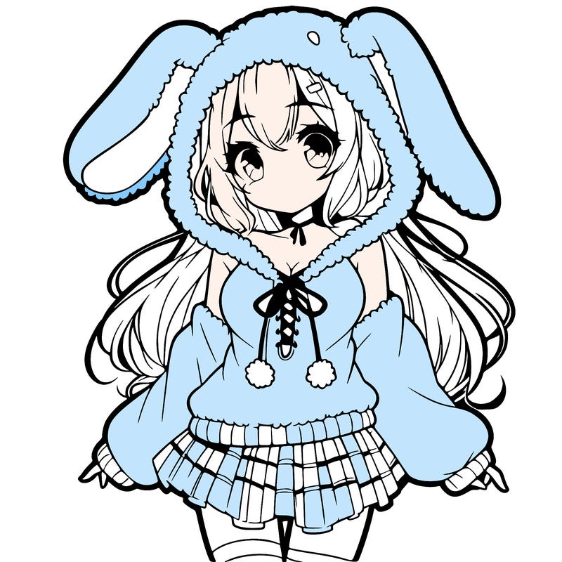 pretty anime girl wearing a fluffy hoodie with bunny ears on the hood and a skirt