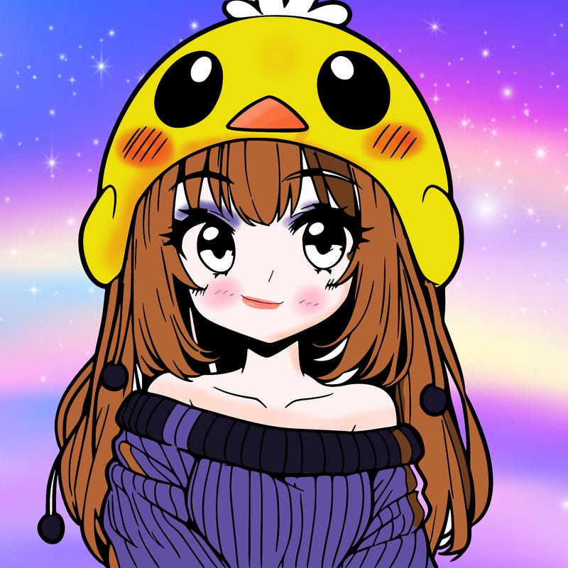 anime girl with chick shaped hat with sweater with bare shoulders with bangs covering them one eye with low tail
