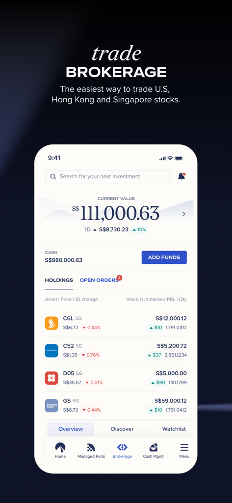 Syfe: Invest, Trade and Save - Syfe app brokerage dashboard showing stock holdings and portfolio value in SGD