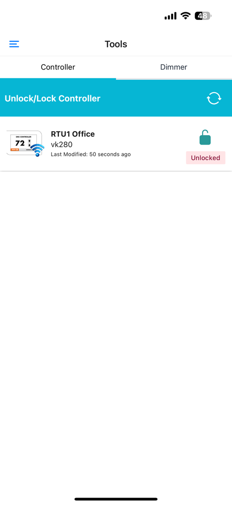 Screen showing the unlock status of a building controller named RTU1 Office within the ENTOUCH Installer Tool app.
