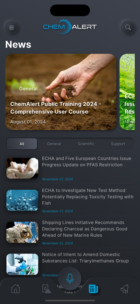 ChemAlert app news screen featuring chemical safety updates and training courses