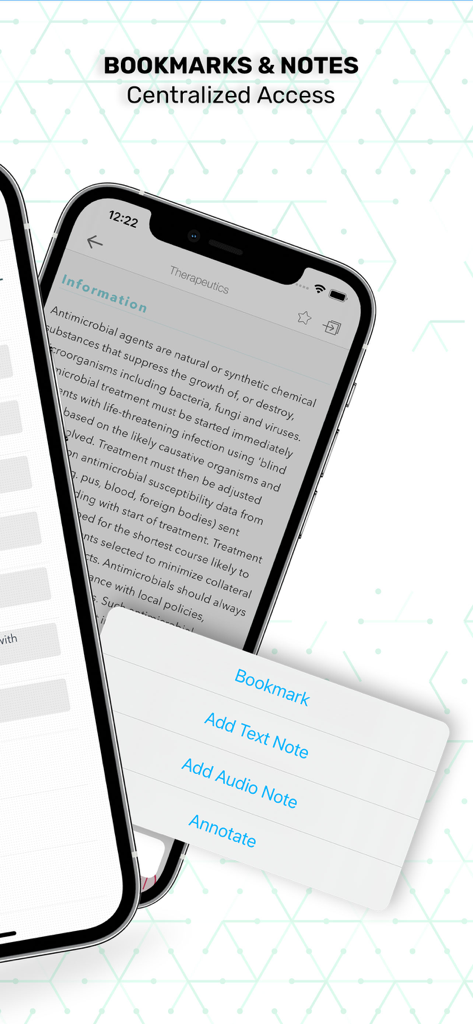 Captura de tela do aplicativo Essentials Clinical Medicine destacando os recursos de favoritos e anotações
