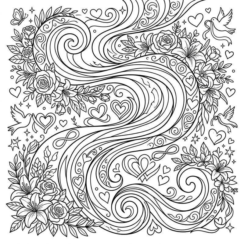 Immerse yourself in a heartwarming display of love with this Mother's Day coloring page, beautifully intertwined with the mystical flow of a blue aurora. This intricate design features elegant florals, intertwined hearts, and graceful doves, perfect for showing appreciation to Mom.