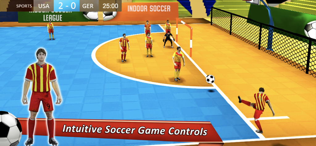 Captura de pantalla de jugabilidad de Indoor Soccer 2026 mostrando un partido entre EE. UU. y Alemania con controles táctiles intuitivos