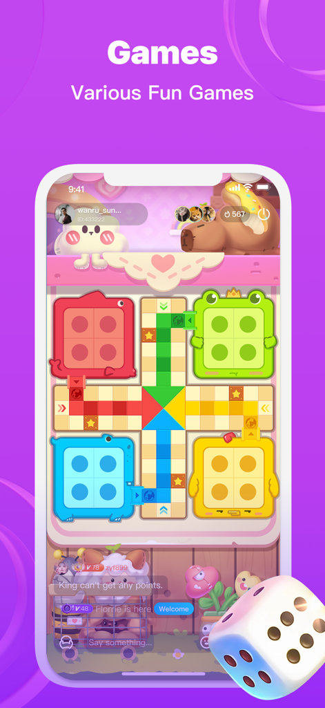 Chati-chat&game - A mobile screen showing a colorful Ludo board game with frog-themed character pieces and a 3D die on the Chati app.