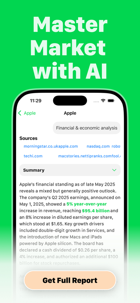 TradeGPT app screenshot showing AI-driven financial and economic analysis for Apple stock