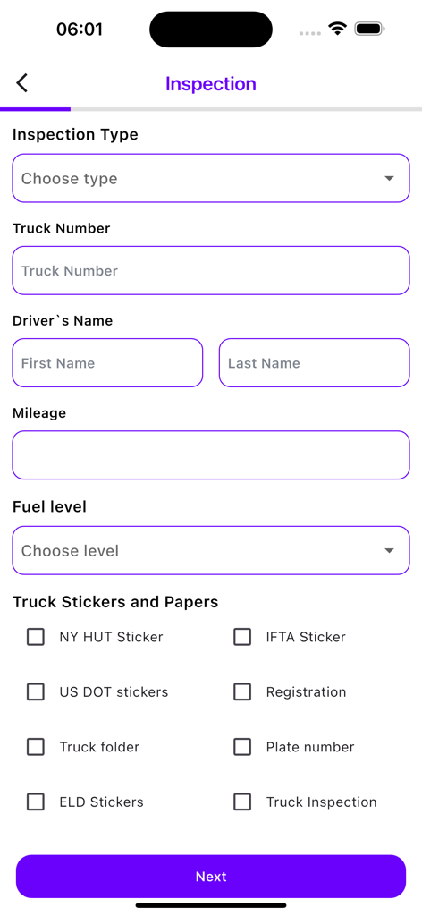 Digitales LKW-Inspektionsformular in der Pro Truck App mit Feldern für LKW-Nummer, Kilometerstand und Konformitätsdokumentation